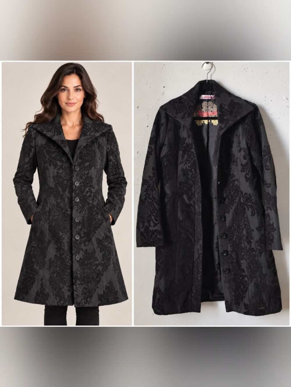 Desigual Women’s Black Floral Long Coat Size 42 L – Fitted Button Front Jacket
